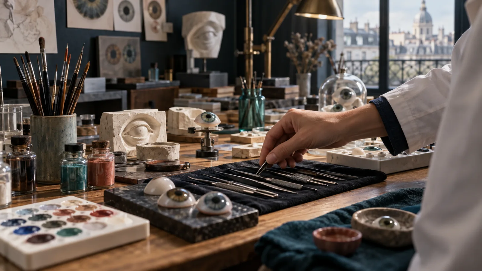 Établi d’oculariste avec instruments de précision, pigments et matériaux de modelage